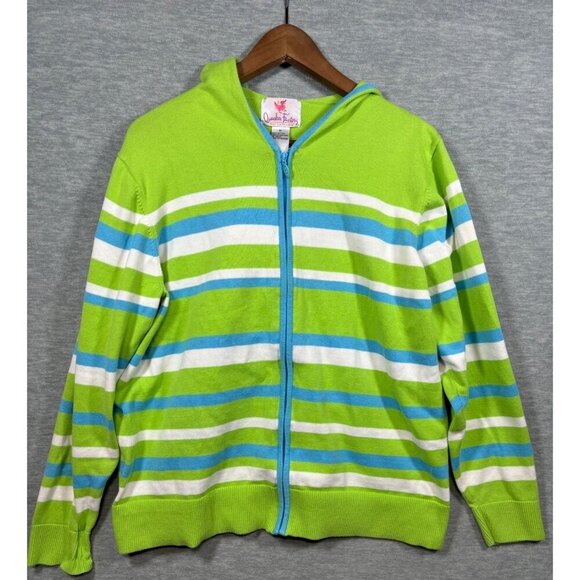 Quacker Factory Green Blue Striped Cotton Hoodie Cardigan Jacket XL - Picture 1 of 4